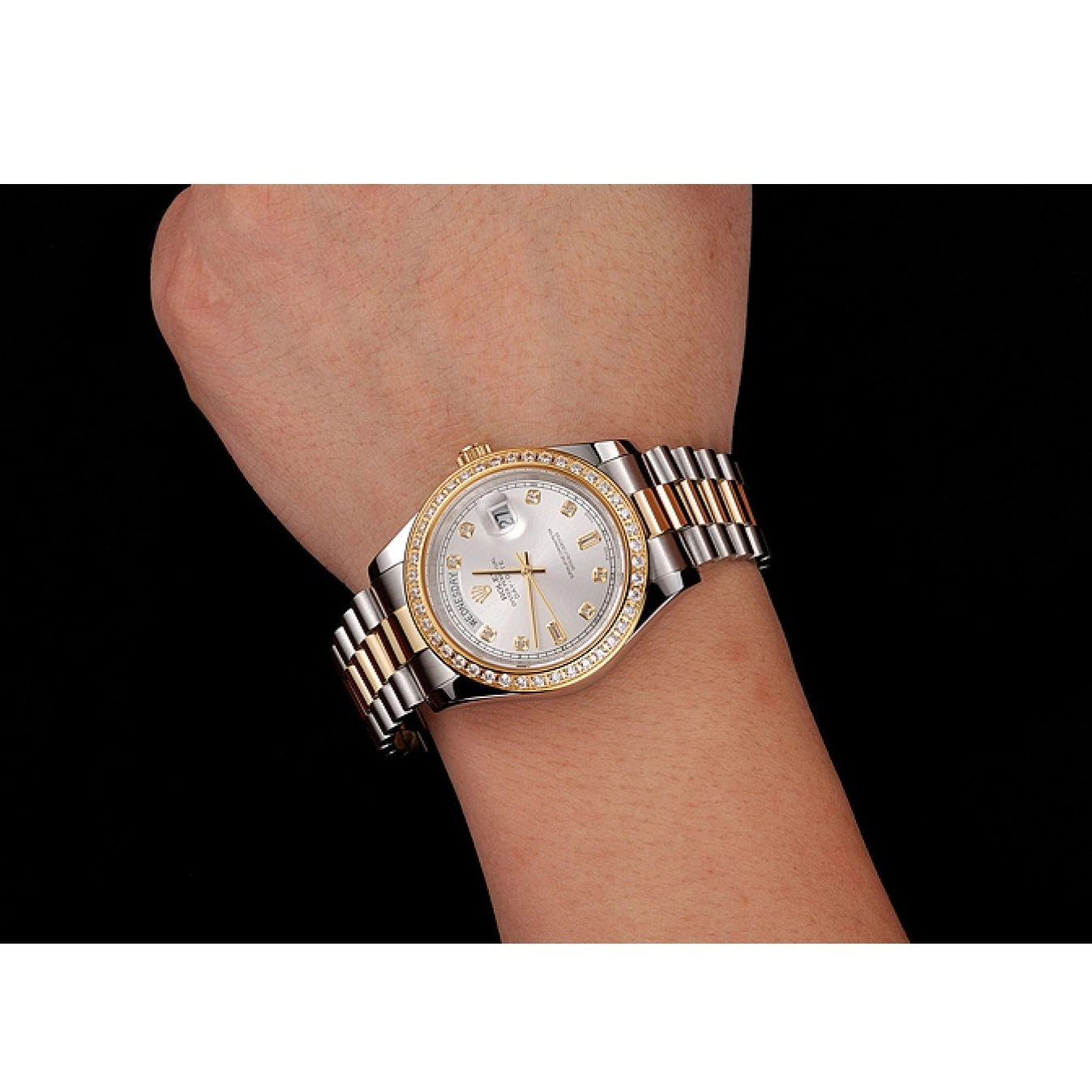 Aaa replica watch Bracelet Day-Date Two Diamond Gold Steel White Rolex Case Dial Swiss Stainless Tone 1453972 0821